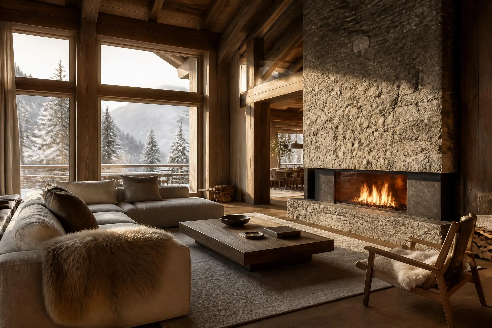 Intérieur de chalet contemporain avec bois, pierre et lumière chaude